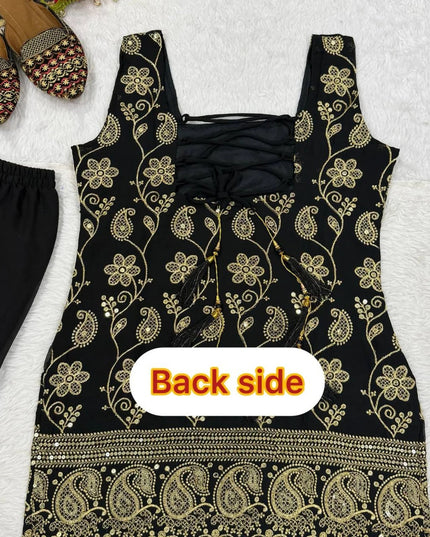 Designer Faux Georgette Sharara Palazzo Set with Embroidery Top & Dupatta | Festive Party Wear for Women - Rosepetals Luxe