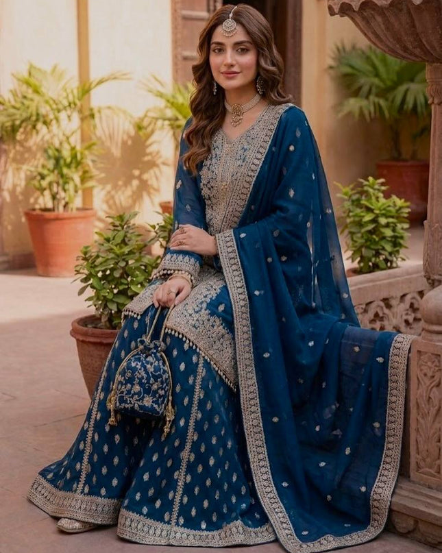 Designer Faux Georgette Sharara Suit Set with Heavy Sequins Work & Dupatta - Rosepetals Luxe