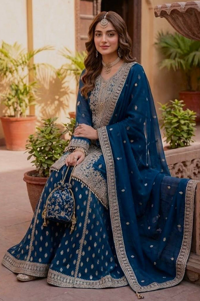 Designer Faux Georgette Sharara Suit Set with Heavy Sequins Work & Dupatta - Rosepetals Luxe