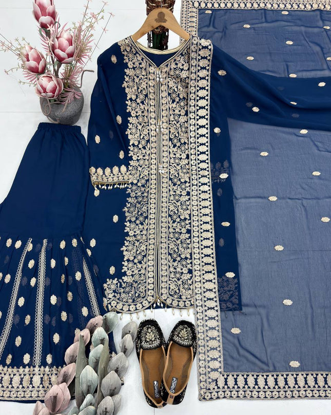 Designer Faux Georgette Sharara Suit Set with Heavy Sequins Work & Dupatta - Rosepetals Luxe