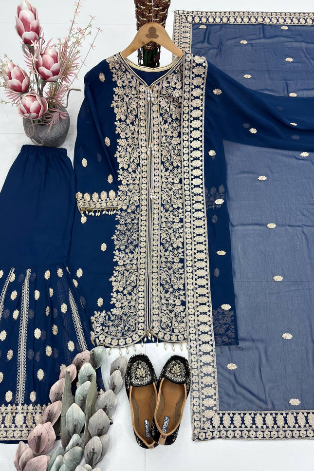 Designer Faux Georgette Sharara Suit Set with Heavy Sequins Work & Dupatta - Rosepetals Luxe