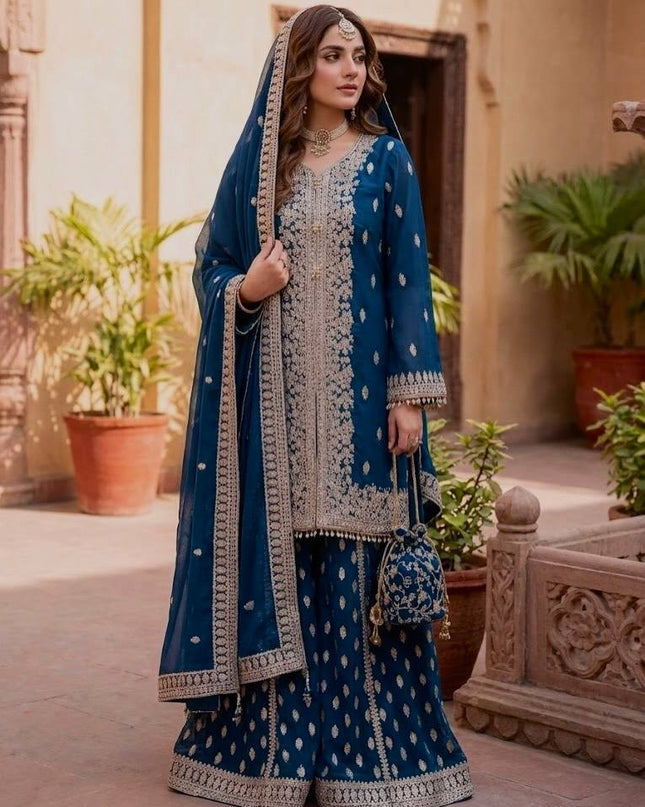 Designer Faux Georgette Sharara Suit Set with Heavy Sequins Work & Dupatta - Rosepetals Luxe