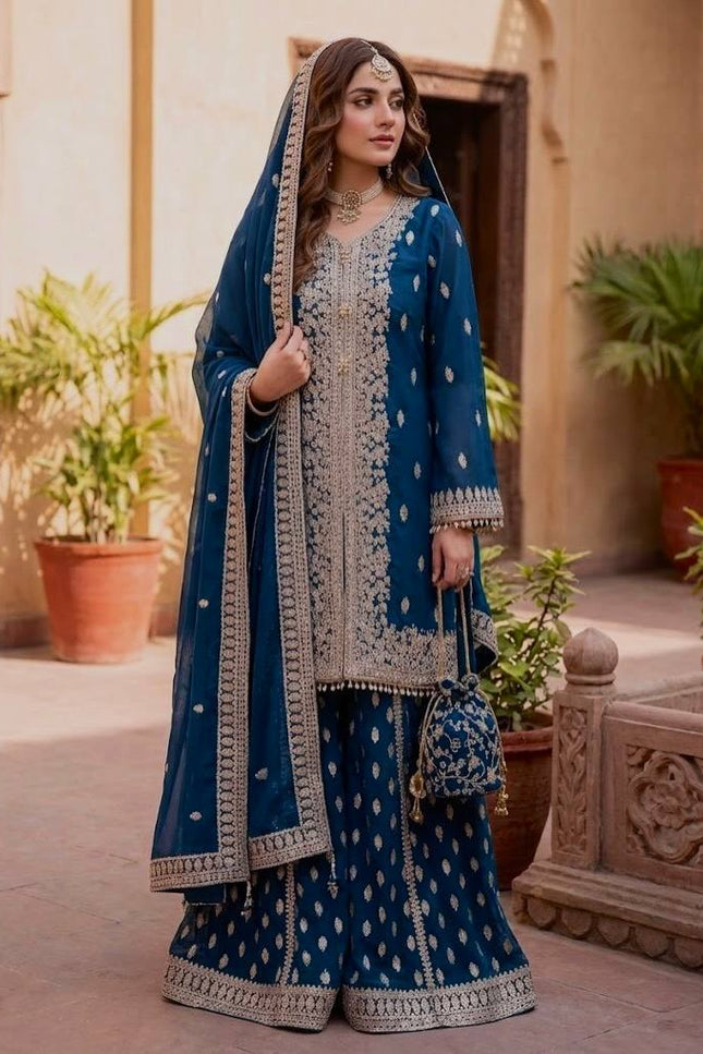 Designer Faux Georgette Sharara Suit Set with Heavy Sequins Work & Dupatta - Rosepetals Luxe