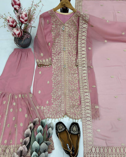 Designer Faux Georgette Sharara Suit Set with Heavy Sequins Work & Dupatta - Rosepetals Luxe