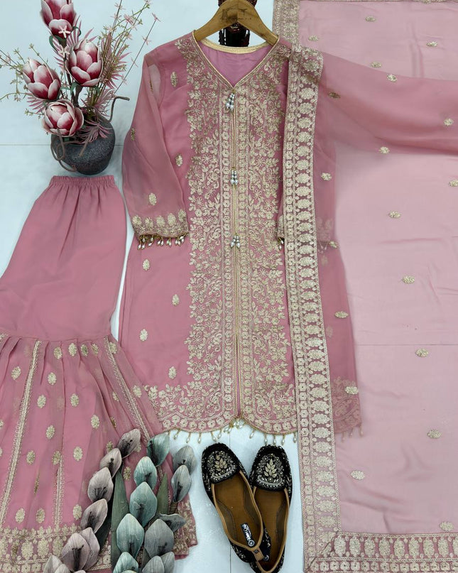 Designer Faux Georgette Sharara Suit Set with Heavy Sequins Work & Dupatta - Rosepetals Luxe