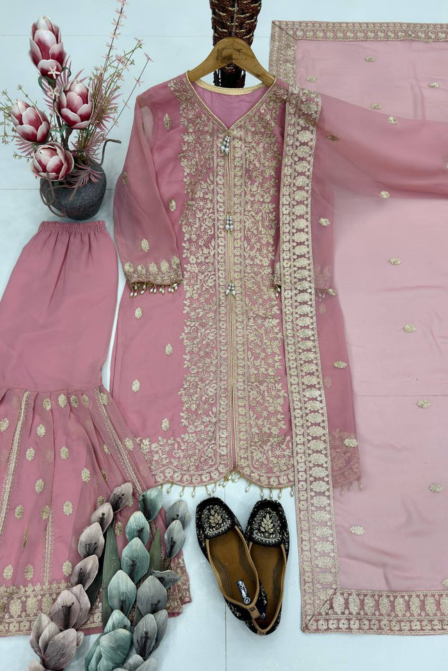 Designer Faux Georgette Sharara Suit Set with Heavy Sequins Work & Dupatta - Rosepetals Luxe