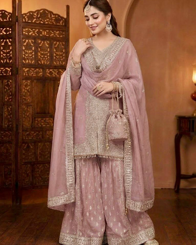 Designer Faux Georgette Sharara Suit Set with Heavy Sequins Work & Dupatta - Rosepetals Luxe