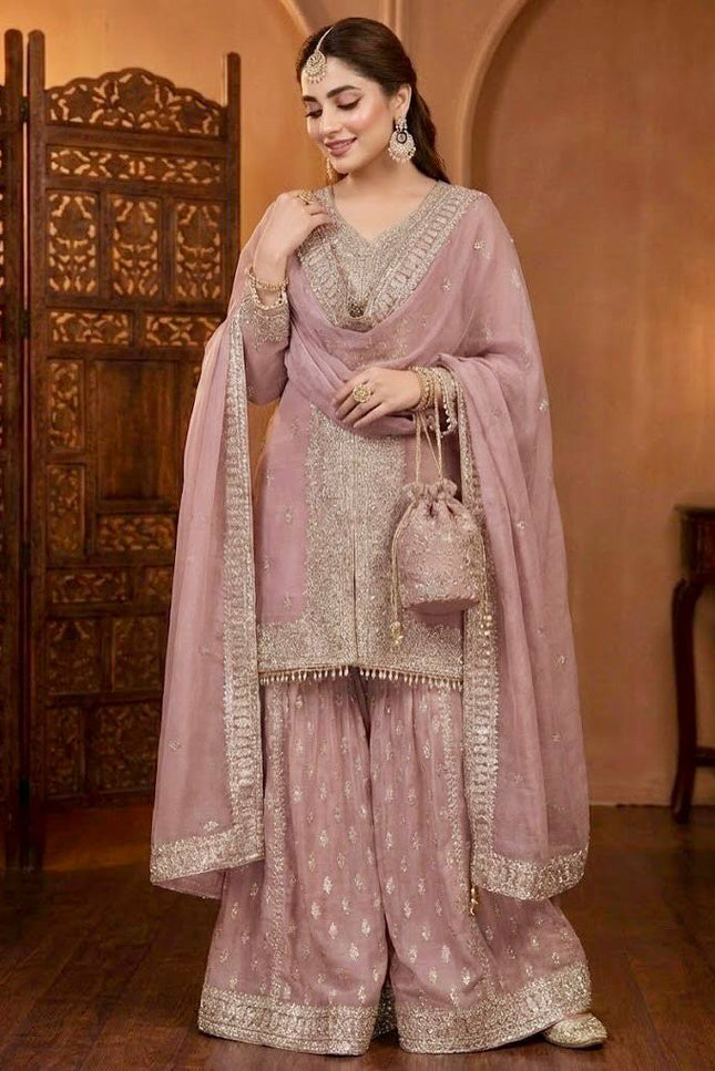 Designer Faux Georgette Sharara Suit Set with Heavy Sequins Work & Dupatta - Rosepetals Luxe