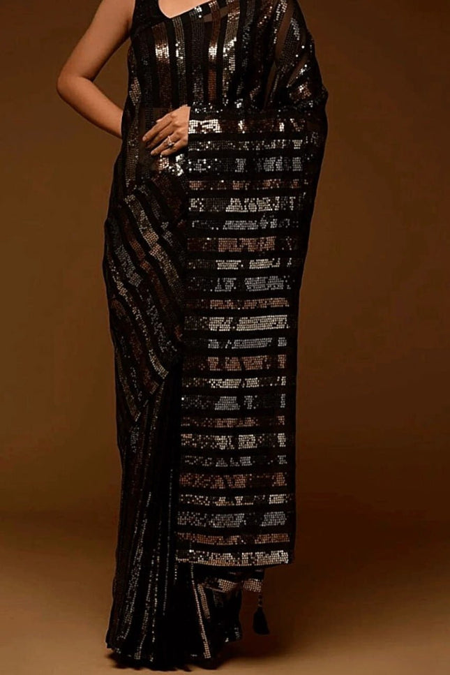 Designer Georgette Sequins Saree with Mono Banglori Blouse - Rosepetals Luxe
