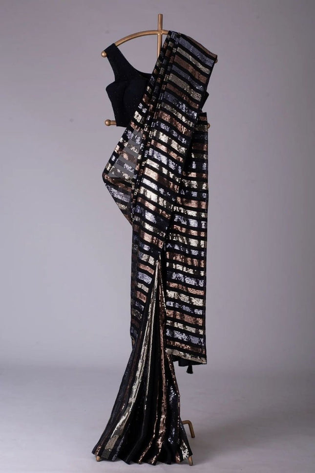 Designer Georgette Sequins Saree with Mono Banglori Blouse - Rosepetals Luxe