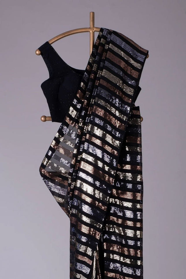 Designer Georgette Sequins Saree with Mono Banglori Blouse - Rosepetals Luxe