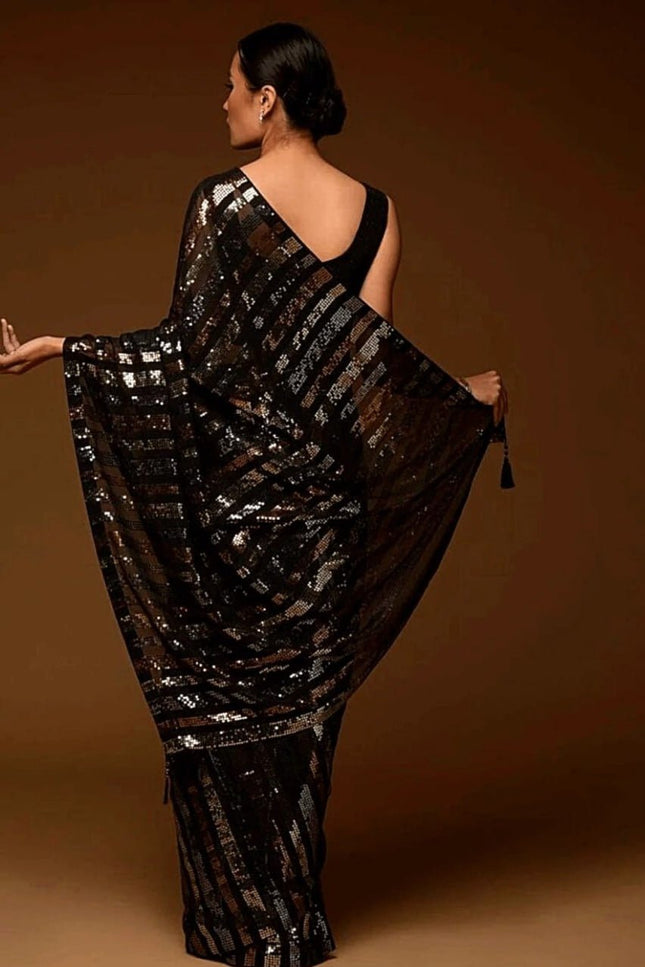 Designer Georgette Sequins Saree with Mono Banglori Blouse - Rosepetals Luxe