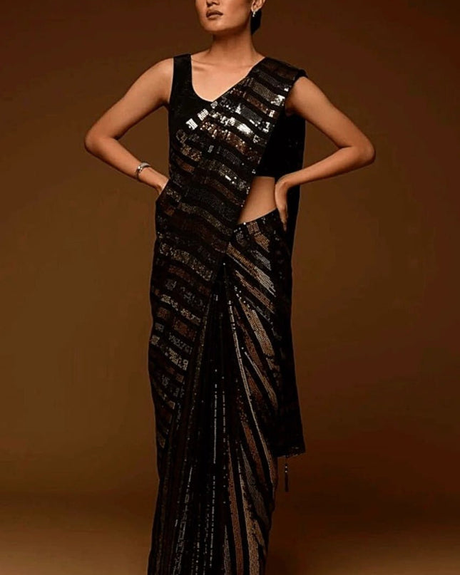 Designer Georgette Sequins Saree with Mono Banglori Blouse - Rosepetals Luxe