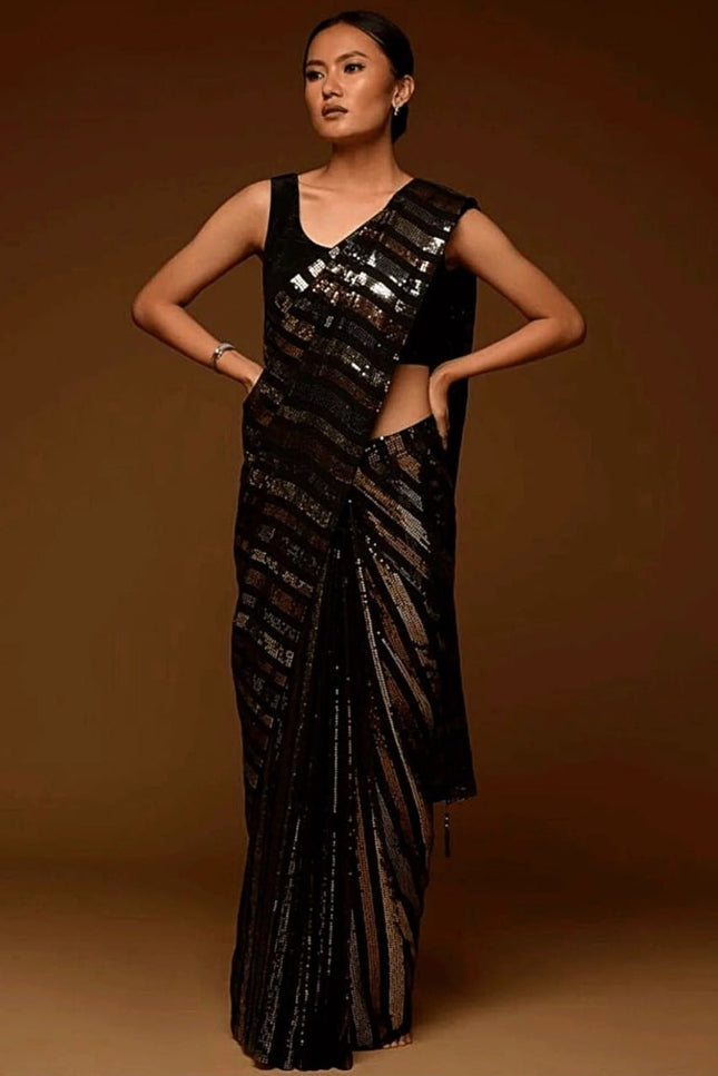 Designer Georgette Sequins Saree with Mono Banglori Blouse - Rosepetals Luxe