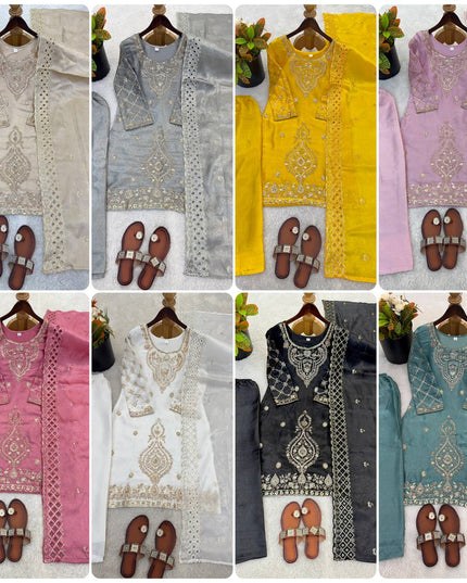 Designer GMY Choo Silk Embroidered Top Palazzo Set with Dupatta - Rosepetals Luxe