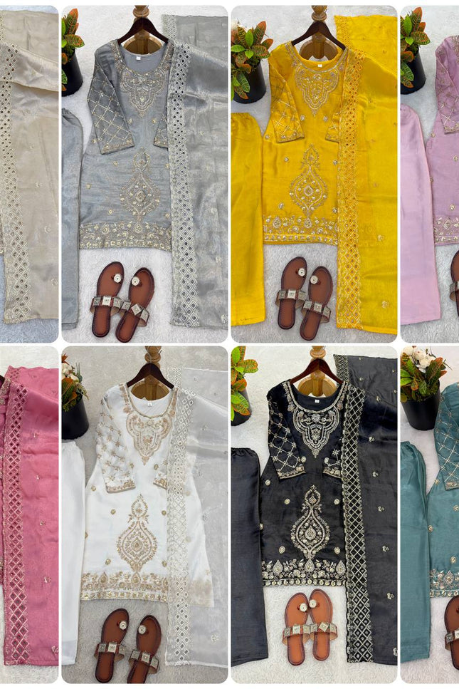 Designer GMY Choo Silk Embroidered Top Palazzo Set with Dupatta - Rosepetals Luxe