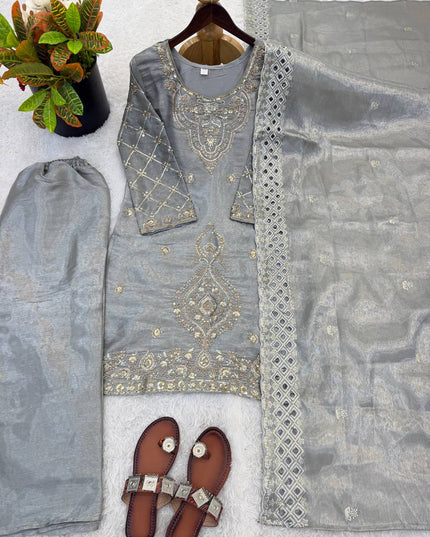 Designer GMY Choo Silk Embroidered Top Palazzo Set with Dupatta - Rosepetals Luxe
