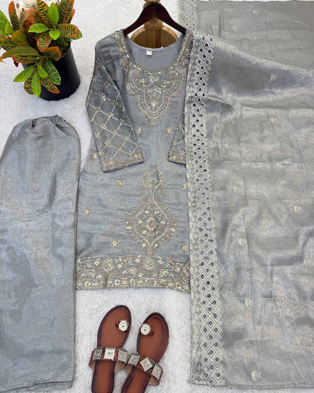 Designer GMY Choo Silk Embroidered Top Palazzo Set with Dupatta - Rosepetals Luxe