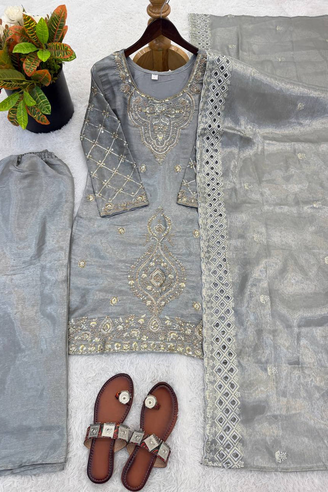 Designer GMY Choo Silk Embroidered Top Palazzo Set with Dupatta - Rosepetals Luxe