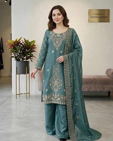 Designer GMY Choo Silk Embroidered Top Palazzo Set with Dupatta - Rosepetals Luxe