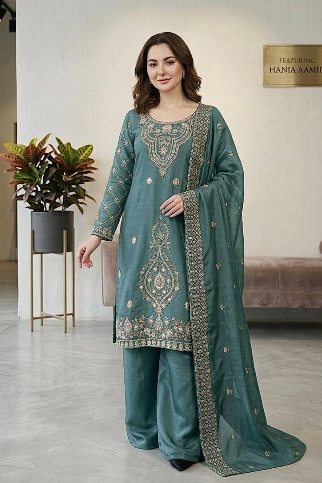 Designer GMY Choo Silk Embroidered Top Palazzo Set with Dupatta - Rosepetals Luxe