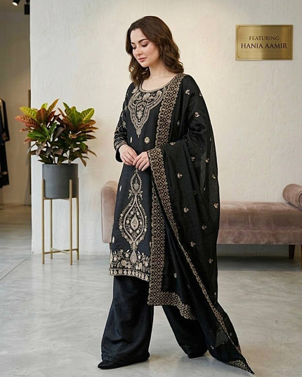 Designer GMY Choo Silk Embroidered Top Palazzo Set with Dupatta - Rosepetals Luxe