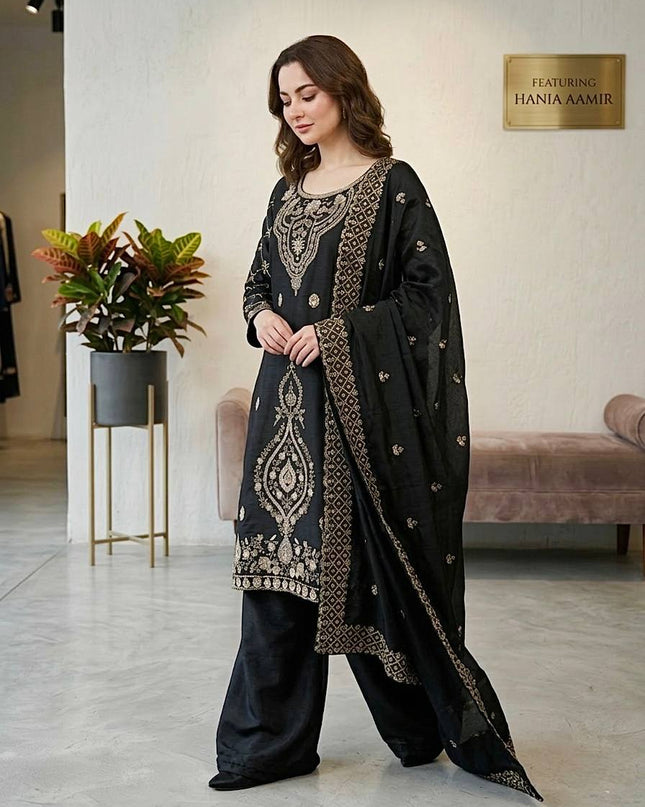 Designer GMY Choo Silk Embroidered Top Palazzo Set with Dupatta - Rosepetals Luxe