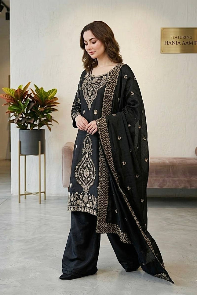Designer GMY Choo Silk Embroidered Top Palazzo Set with Dupatta - Rosepetals Luxe
