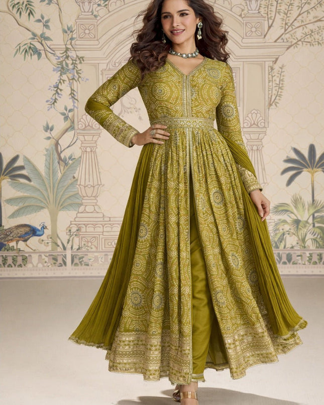 Green Anarkali Gown Front View | Chinon Silk | Rosepetals Luxe