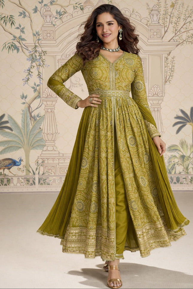 Green Anarkali Gown Front View | Chinon Silk | Rosepetals Luxe