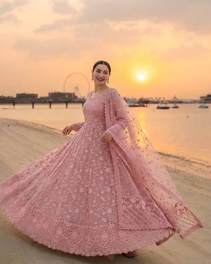 Designer Heavy Faux Georgette and Pure Soft Organza Silk Embroidery Gown with Dupatta and Bottom Set - Rosepetals Luxe