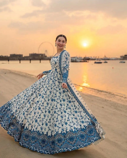 Designer Heavy Faux Georgette and Pure Soft Organza Silk Embroidery Gown with Dupatta and Bottom Set - Rosepetals Luxe