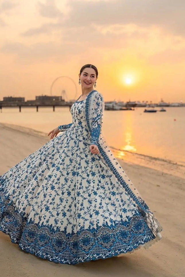Designer Heavy Faux Georgette and Pure Soft Organza Silk Embroidery Gown with Dupatta and Bottom Set - Rosepetals Luxe