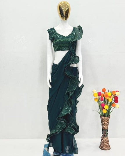 Designer Ruffle Ready To Wear Saree in Heavy Faux Georgette with Sequins Work – Rosepetals Luxe