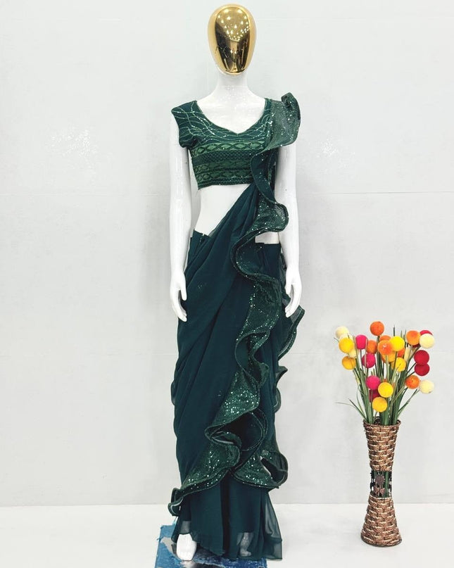 Designer Ruffle Ready To Wear Saree in Heavy Faux Georgette with Sequins Work – Rosepetals Luxe