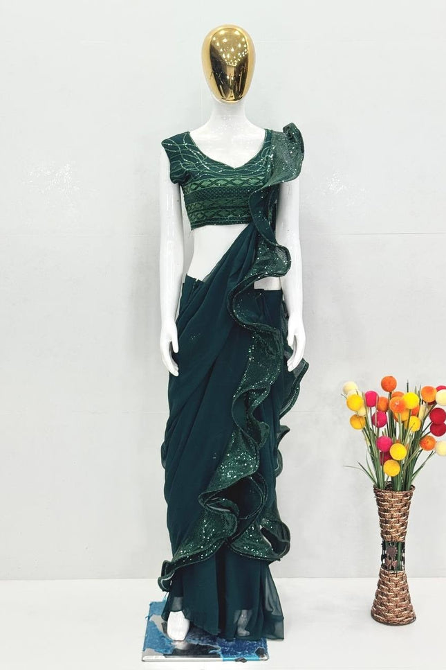 Designer Ruffle Ready To Wear Saree in Heavy Faux Georgette with Sequins Work – Rosepetals Luxe