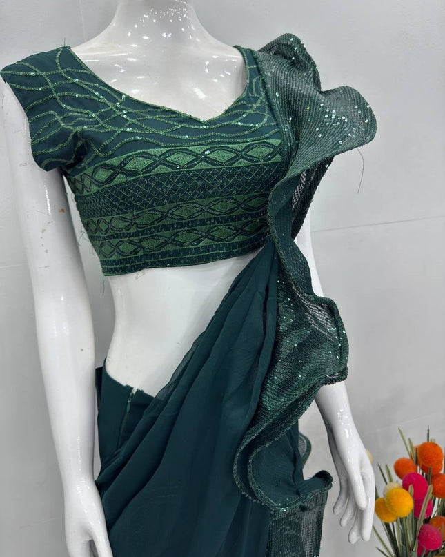 Heavy Embroidered Faux Georgette Ruffle Saree Front View – Rosepetals Luxe