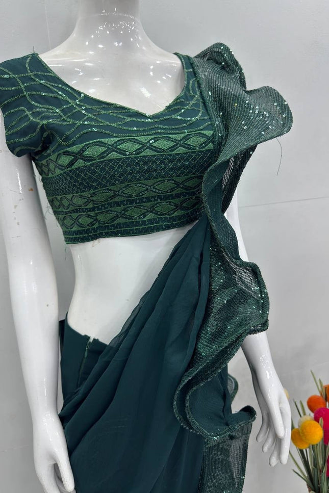 Heavy Embroidered Faux Georgette Ruffle Saree Front View – Rosepetals Luxe