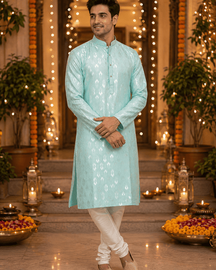 Designer Jacquard Silk Kurta Pyjama Set | Men's Festive Ethnic Wear - Rosepetals Luxe