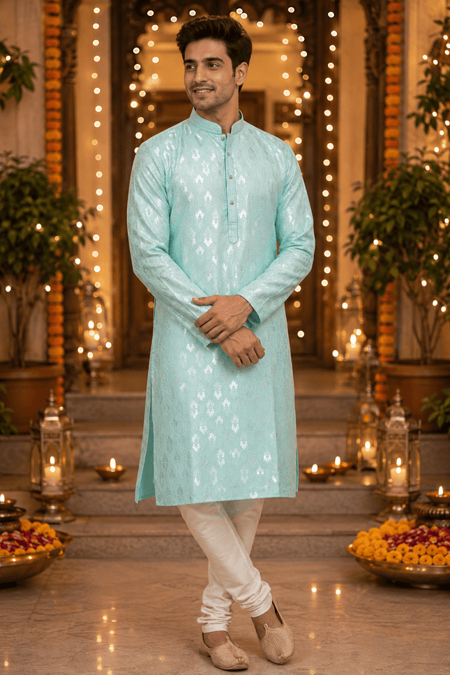 Designer Jacquard Silk Kurta Pyjama Set | Men's Festive Ethnic Wear - Rosepetals Luxe