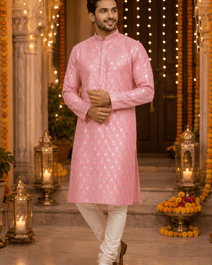 Designer Jacquard Silk Kurta Pyjama Set | Men's Festive Ethnic Wear - Rosepetals Luxe