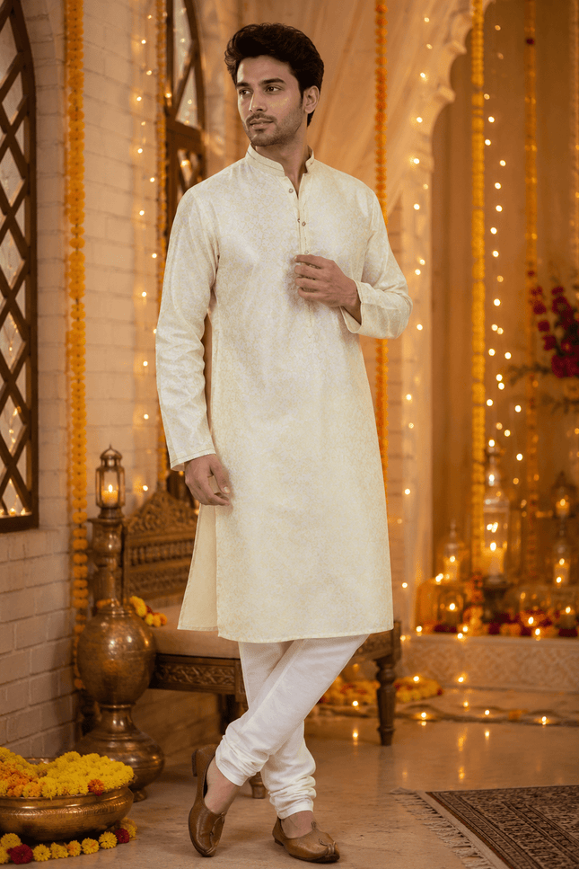 Designer Jacquard Silk Kurta Pyjama Set | Men's Festive Ethnic Wear - Rosepetals Luxe