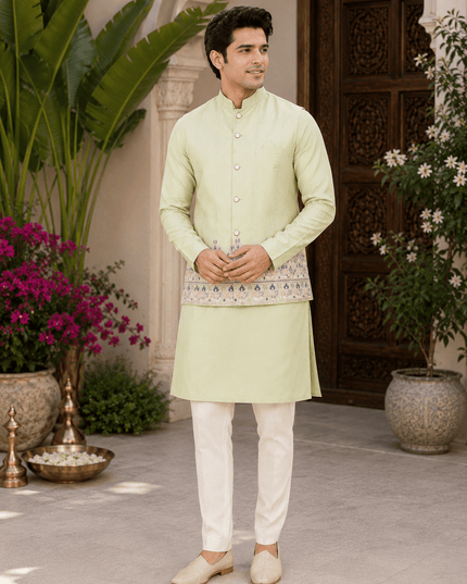 Designer Koti Kurta Set for Men | Malai Satin | Wedding & Festive Wear | 5 Colours - Rosepetals Luxe