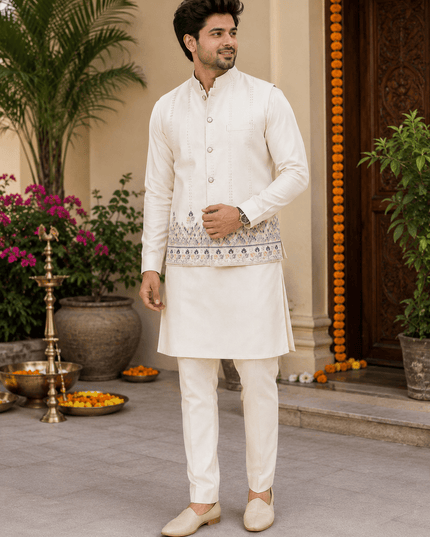 Designer Koti Kurta Set for Men | Malai Satin | Wedding & Festive Wear | 5 Colours - Rosepetals Luxe