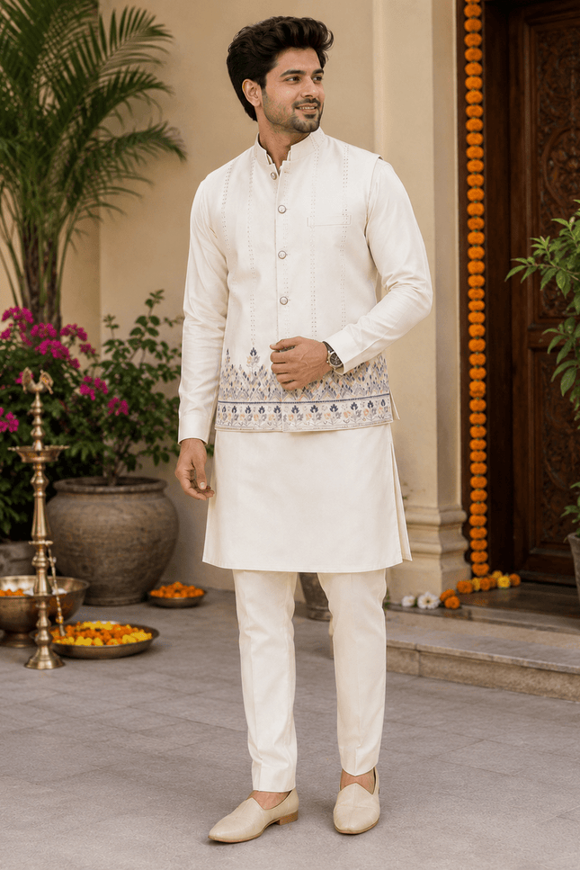 Designer Koti Kurta Set for Men | Malai Satin | Wedding & Festive Wear | 5 Colours - Rosepetals Luxe