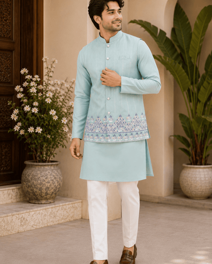 Designer Koti Kurta Set for Men | Malai Satin | Wedding & Festive Wear | 5 Colours - Rosepetals Luxe