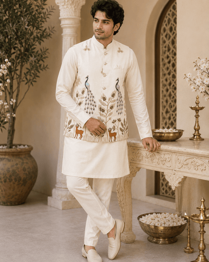 Designer Koti Kurta Set for Men | Malai Satin | Wedding & Festive Wear | 5 Colours - Rosepetals Luxe
