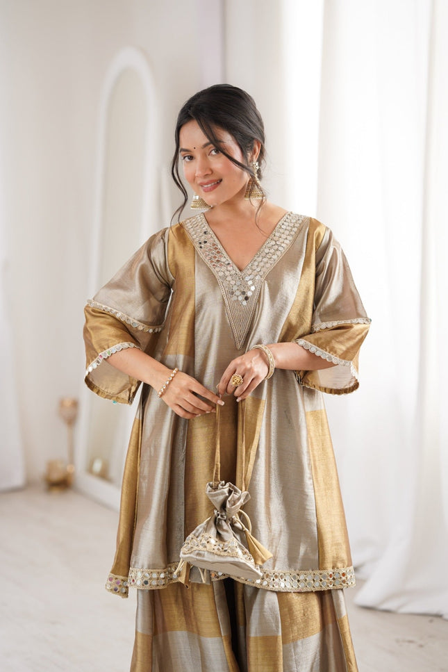 Designer Kurta Palazzo Set | Two - Tone Tissue Fabric with Coding Embroidery and Mirror Work - Rosepetals Luxe