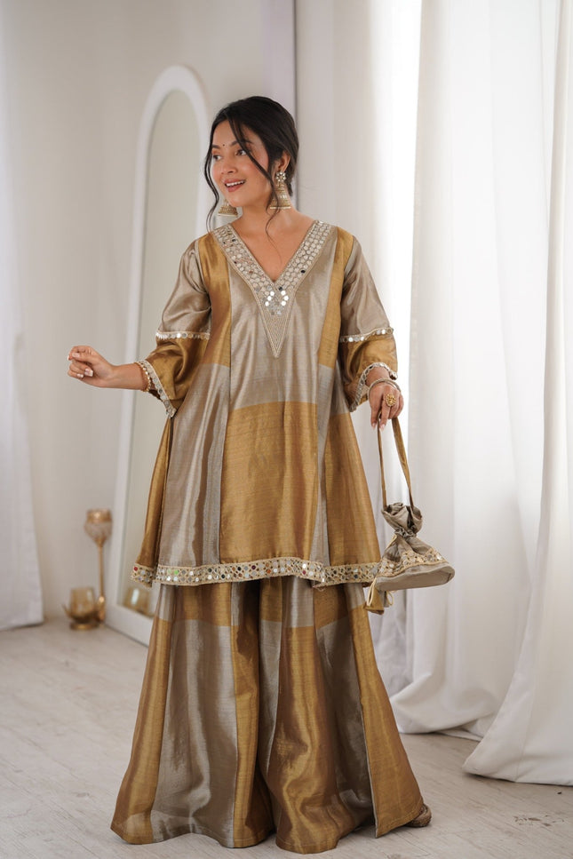 Designer Kurta Palazzo Set | Two - Tone Tissue Fabric with Coding Embroidery and Mirror Work - Rosepetals Luxe