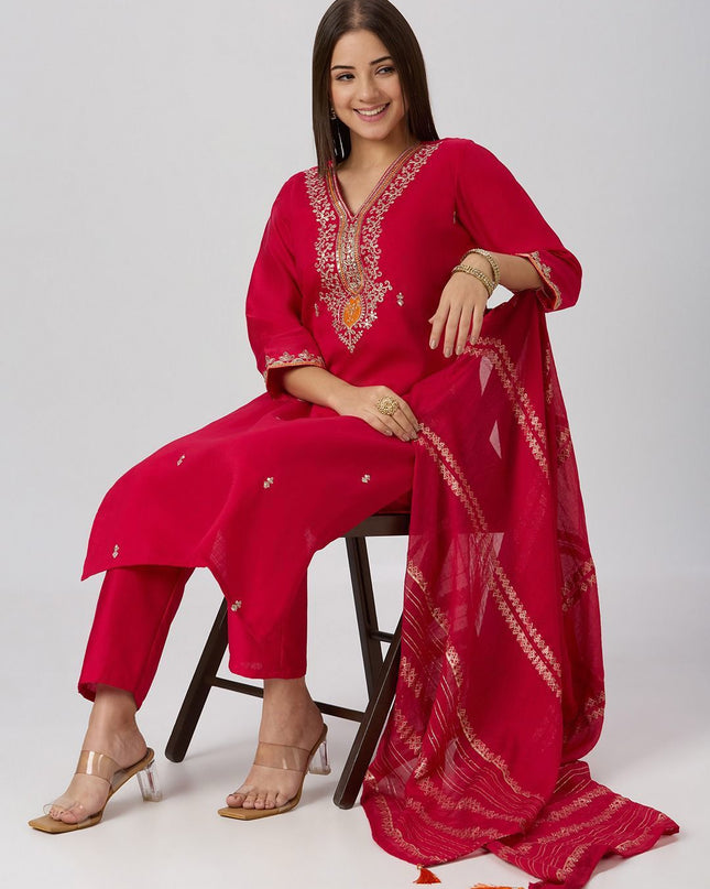 Designer Kurti Pant Dupatta Set | Vatican Silk with Embroidery & Sequin Work - Rosepetals Luxe